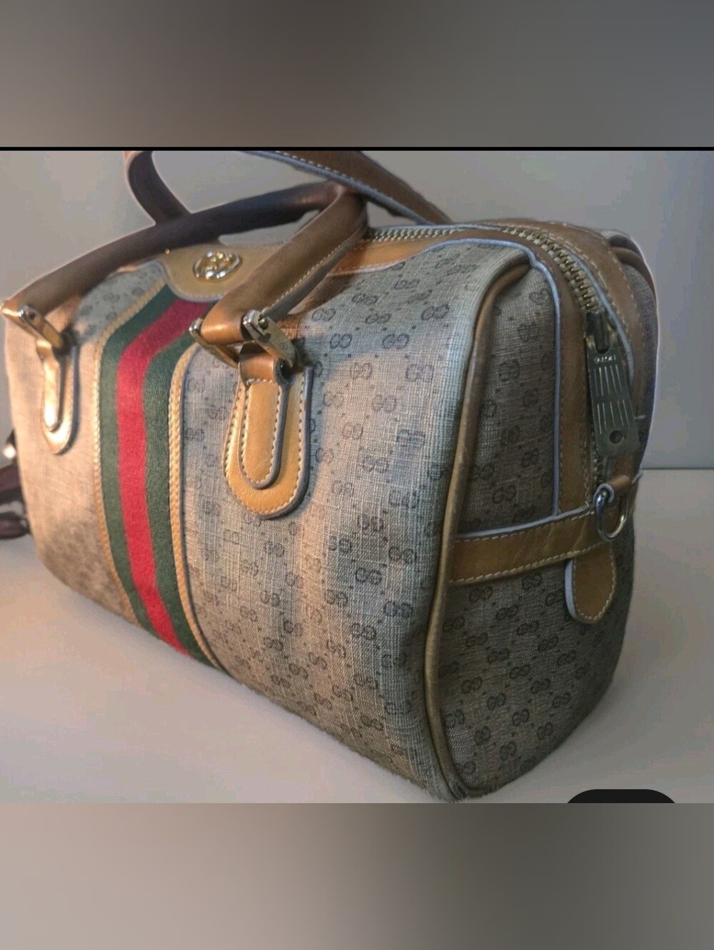 Classic Auth Gucci Boston Bag GG  Pattern Sherry Line